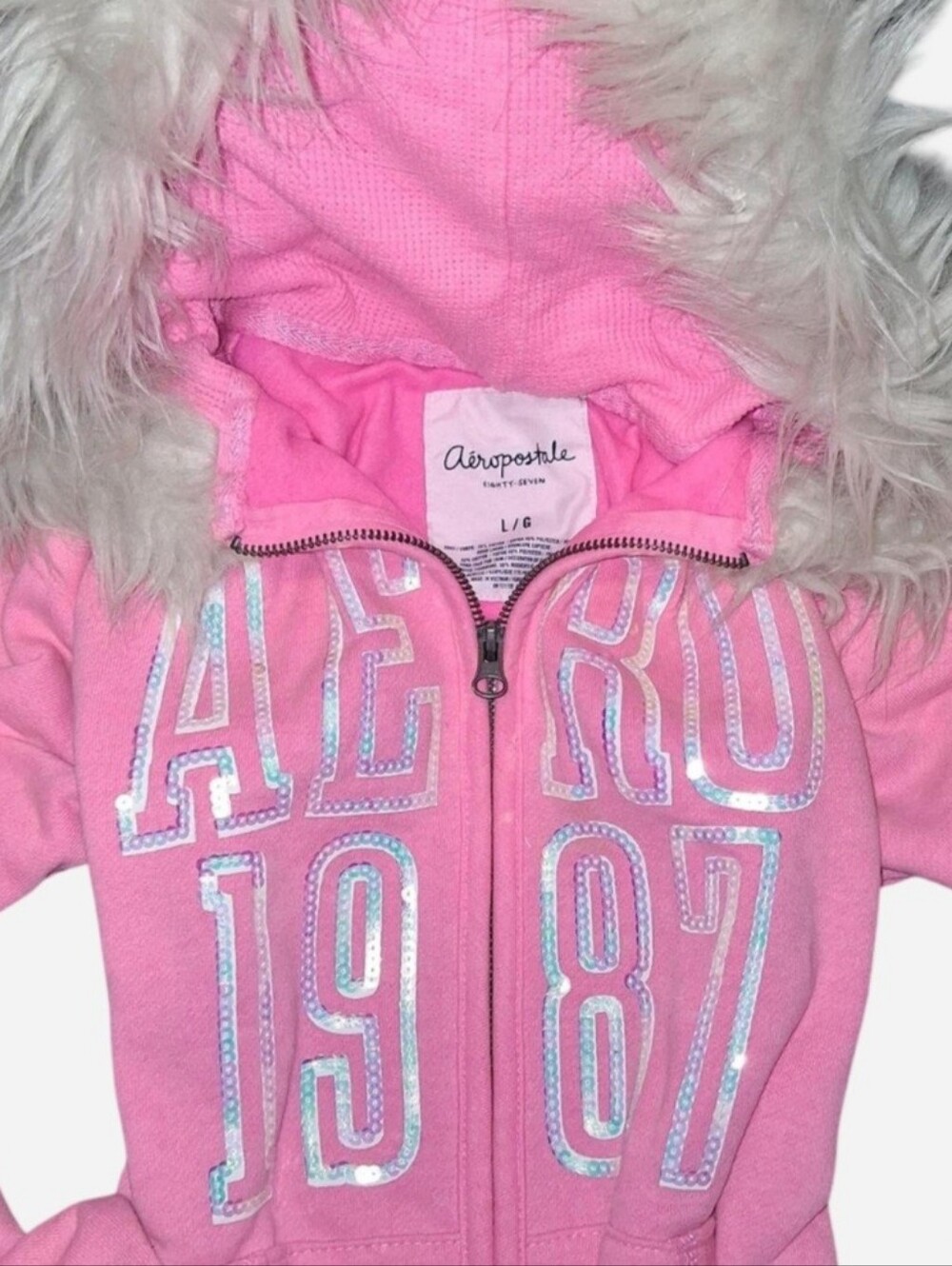 Aeropostale Pink Faux-Fur Hooded Sequin Logo Zip Hoodie